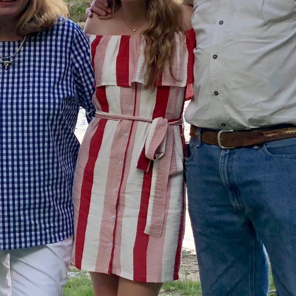 Red striped off the shoulder dress